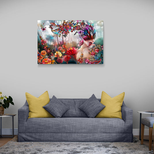 Mujer fusionada con mariposas y flores en un bosque encantado.