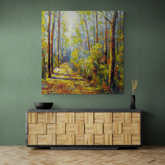 Cuadro_Decorativo_Camino_Arboleado_Hojas_Verdes_Naranja_Camino_Hojas_Verde_Amarillo_Cafe_Naranja