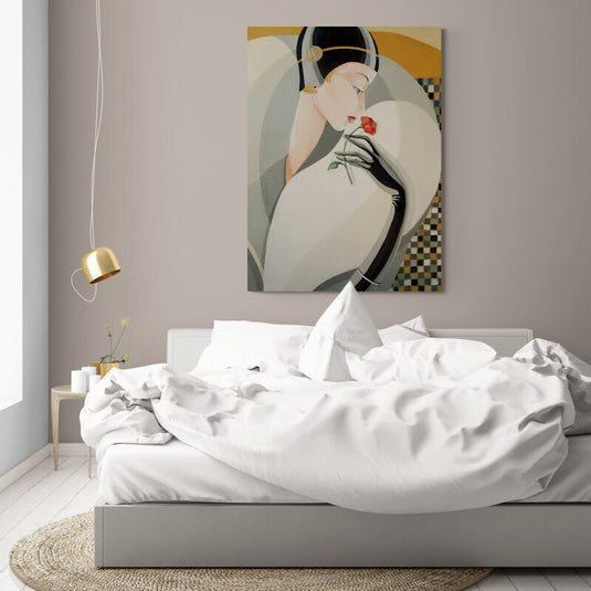 Pintura Art Decó de mujer con rosa roja.