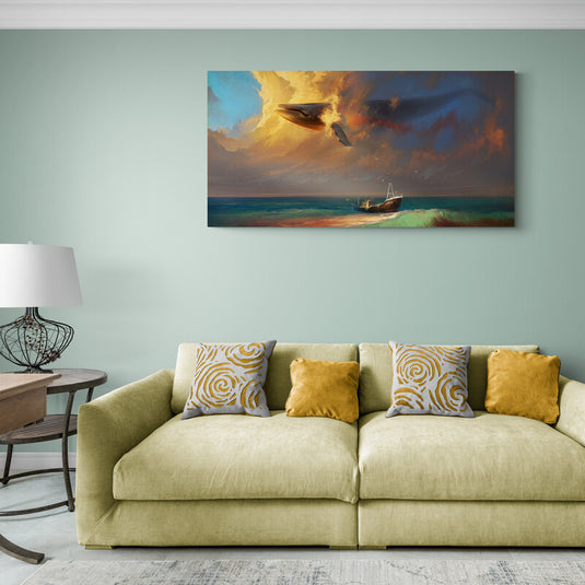 Pintura surrealista de un barco en el mar con ballenas volando en un cielo atardecer