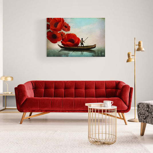 Remos en barca junto a amapolas gigantes sobre aguas tranquilas.