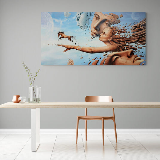 Pintura surrealista de figuras humanas y caballo
