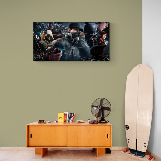 Cuadro decorativo estilo gamer con personajes urbanos y cyberpunk en tonos oscuros, ideal para salas modernas o habitaciones juveniles.