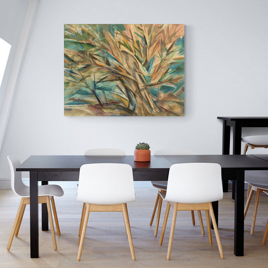 Cuadro Decorativo Abstracto Interpretando Vegetación en Colores Verde, Naranja, Azul Turquesa y Café