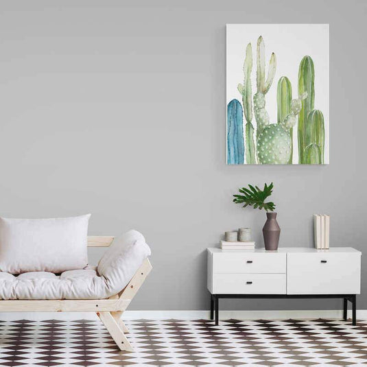 Acuarela decorativa de variedad de cactus en tonos verdes suaves para decoración del hogar