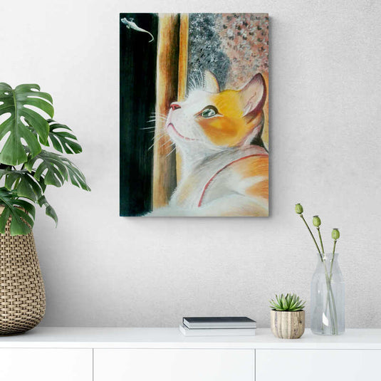 Cuadro de gato mirando a una lagartija en la ventana