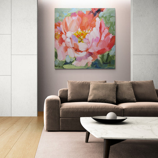 Pintura abstracta de líneas ondulantes con círculos multicolores en fondo azul.