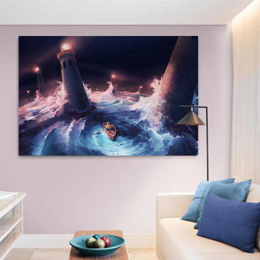 Pintura de una persona en una barca con faros iluminando un mar tempestuoso