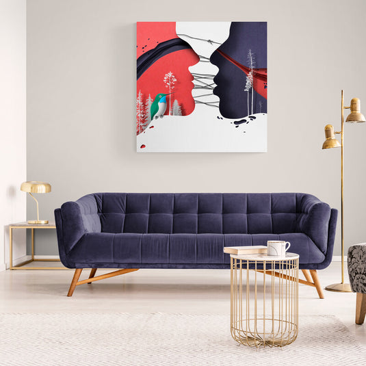 Cuadro con siluetas de rostros rojo y púrpura enfrentados, franjas inversas, alambre de púas, colibrí multicolor y árboles beige sobre fondo blanco