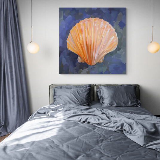 Pintura vibrante de concha de mar coral sobre fondo azul oceánico