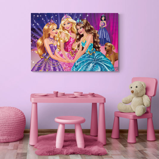 Cuadro decorativo infantil de princesas con brillantes vestidos y un perro – arte encantado para habitación de niña