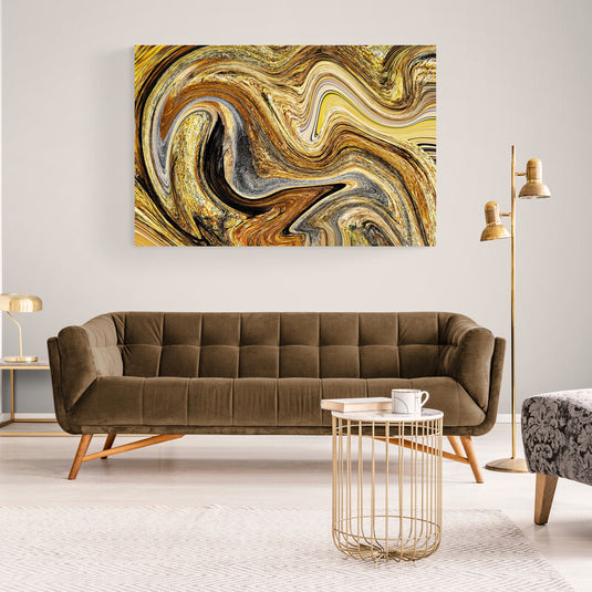 Pintura abstracta fluida en tonos dorados, marrones y negros con patrones de remolinos.