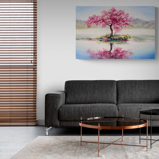 Cuadro_Decorativo_Árbol_Jacaranda_Rosa_Lago_Montañas_Pastos_Verdes