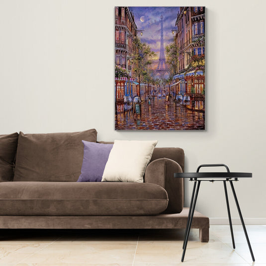 Cuadro decorativo de París al atardecer con Torre Eiffel, edificios históricos y camino reflejante