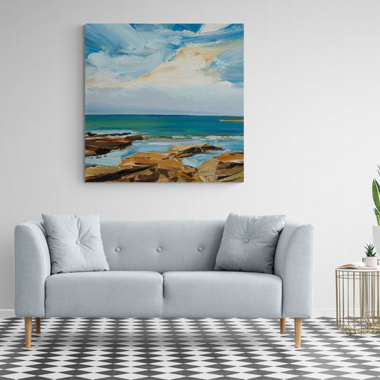 Pintura al óleo de cielo azul y acantilados costeros