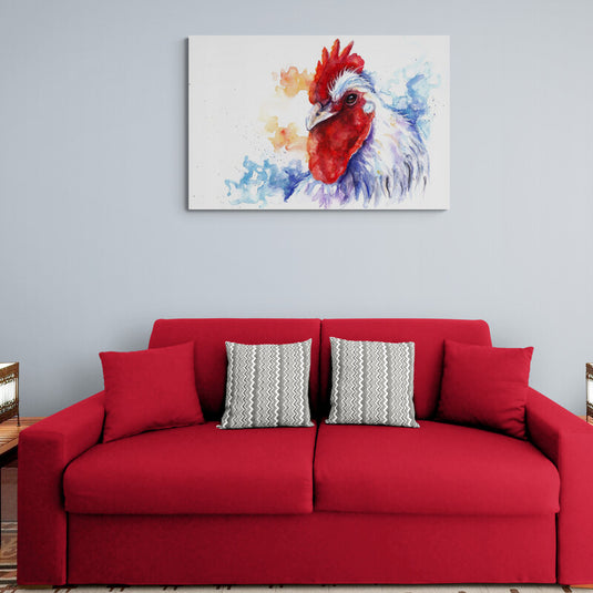 Acuarela de gallo colorido en sala de estar moderna"