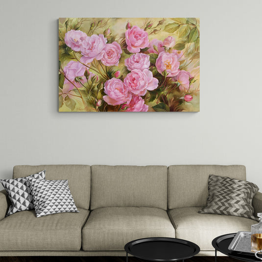 Pintura de rosas rosadas en plena floración con hojas verdes.