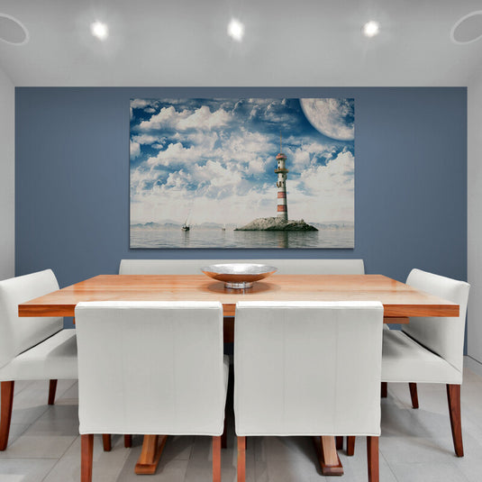 Imagen surrealista de un faro con barcos a vela y luna grande en el cielo