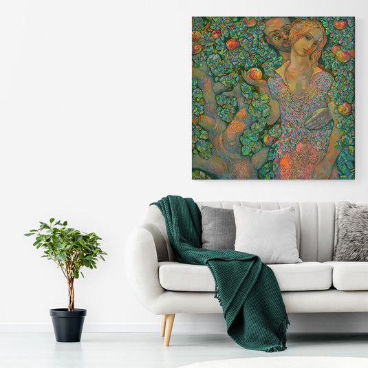 Cuadro artístico de estilo simbólico con Adán y Eva entre manzanos.