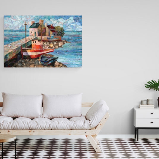 Pintura de un mosaico con casas y barcos en un paisaje marino
