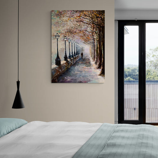 Cuadro_Decorativo_Camino_con_Silueta_Hombre_Arboles_y_Lamparas_en_Fila