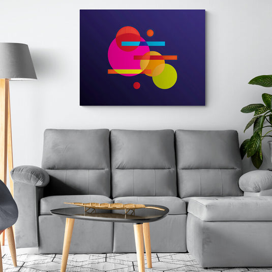 Cuadro abstracto geométrico con formas circulares y colores brillantes sobre fondo oscuro moderno