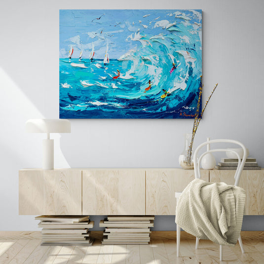 Surfistas en olas rompientes, pintura vibrante de Alena Shymchonak