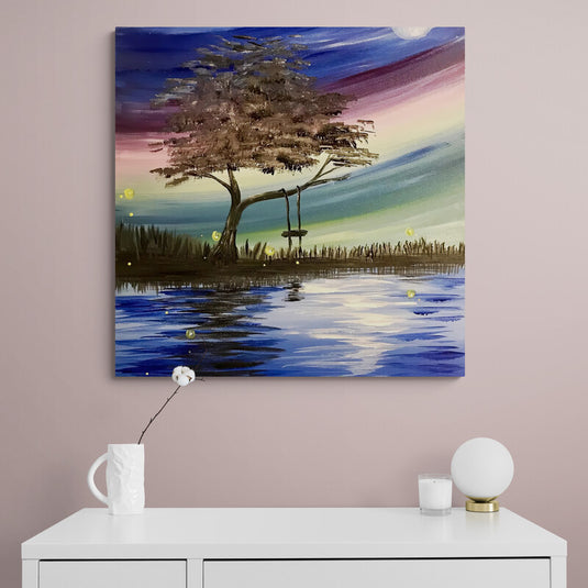 Cuadro_decorativo_lago_azul_con_reflejos_vegetacion_arbol_grande_y_columpio