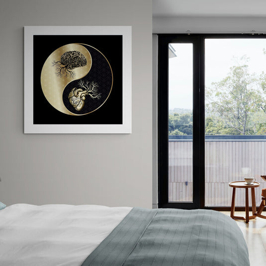 Arte conceptual del Yin y Yang con árboles estilizados como cerebro y corazón