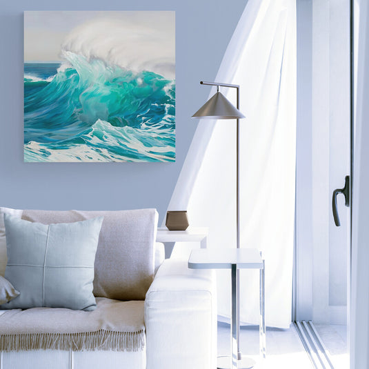 Pintura al óleo de una ola grande y poderosa en el mar