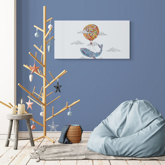 Ilustración artística de una ballena colorida suspendida por un globo aerostático