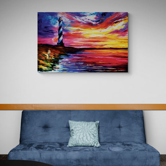 Pintura expresionista de un faro al atardecer con cielo colorido