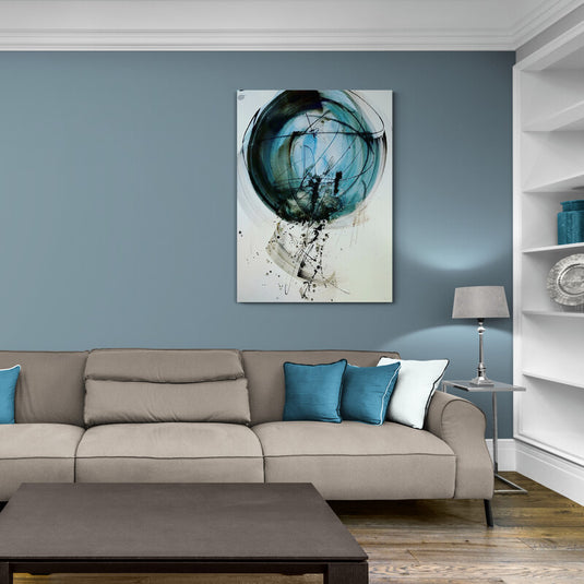 Cuadro decorativo con fondo claro blanco y beige, destacando un círculo minimalista en tonos azules y negro.