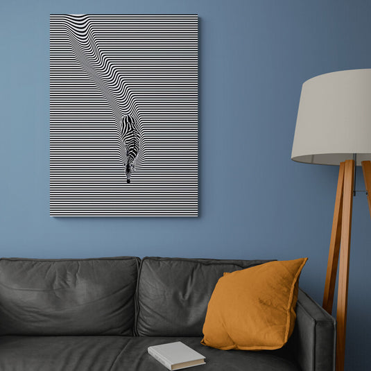 Cebra en patrón de líneas blancas y negras con ilusión óptica