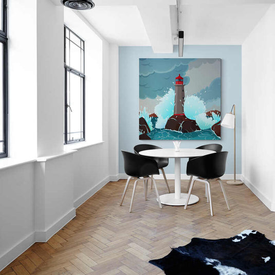 Ilustración de un faro rojo y gris con olas chocando en un cielo tormentoso