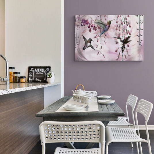 Imagen floral con colibríes en rosa, fucsia, verde y colores vibrantes