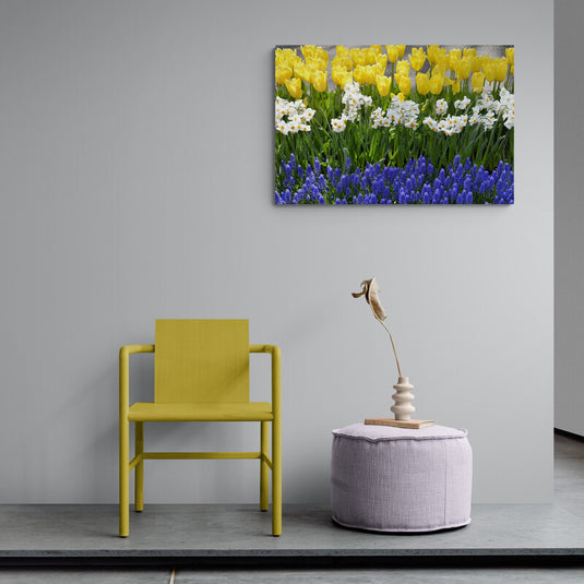 Jardín con tulipanes amarillos, narcisos blancos y jacintos morados en floración.