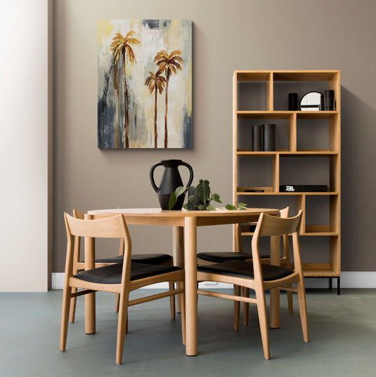 Cuadro de palmeras tropicales en tonos beige y azul, arte contemporáneo con textura abstracta, ideal para decoración moderna y relajada.