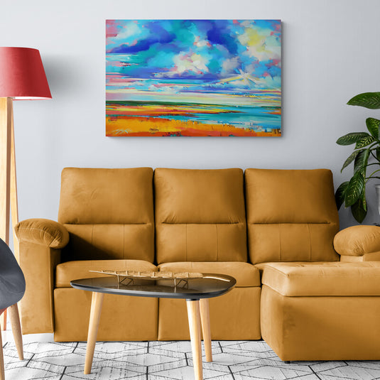 Cuadro moderno con paisaje marino colorido y expresivo