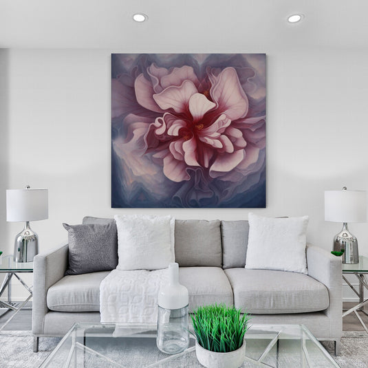 Flor abstracta en tonos rosados y púrpuras.