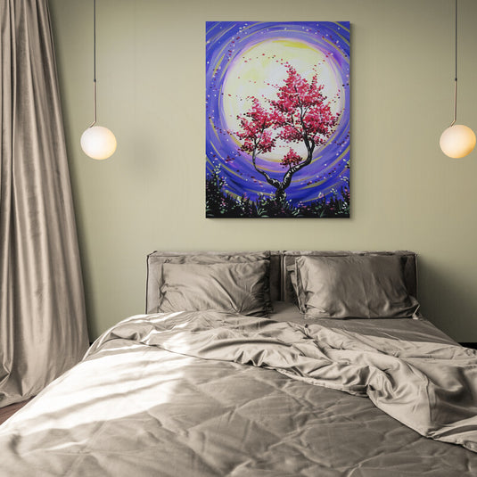 Cuadro_decorativo_luna_llena_halo_morado_árbol_delgado_hojas_rosa