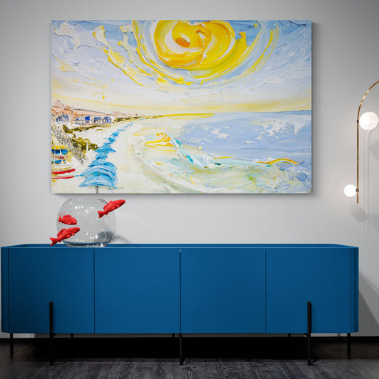 Pintura texturizada de un amanecer en la playa con técnica de espátula