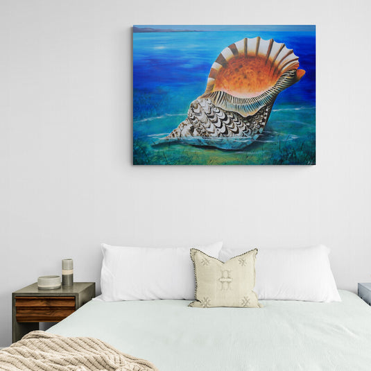 Pintura al óleo de una gran concha marina en un entorno oceánico