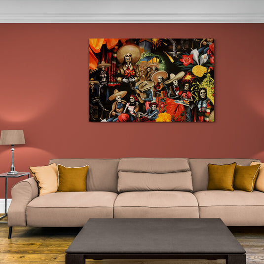 Celebración del Día de los Muertos con calaveras mexicanas.