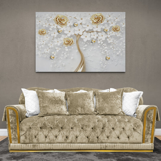 Cuadro Decorativo con Árbol Dorado y Flores Blancas y Doradas sobre Fondo Gris