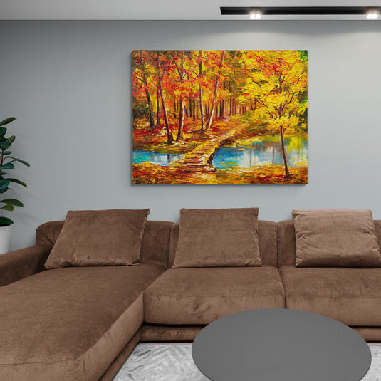 Cuadro_decorativo_lago_vegetación_amarilla_y_arboles_amarillos