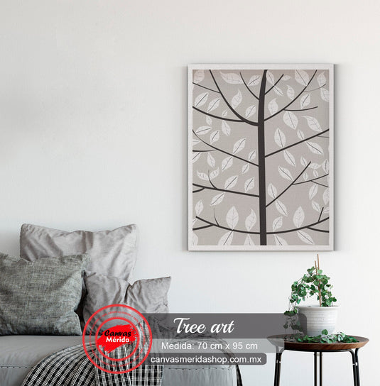 Cuadro Decorativo: Árbol en Fondo Gris con Ramas y Hojas Blancas, Tronco y Ramas Café