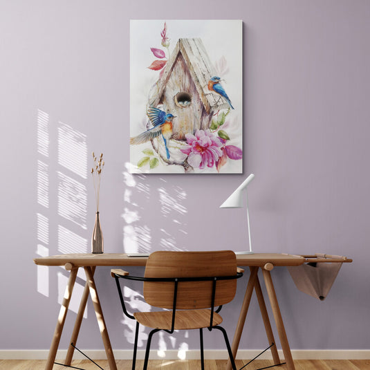 Cuadro Decorativo con Casa de Pájaros Café, Flores Rosas y Pájaros Azules y Amarillos sobre Fondo Blanco