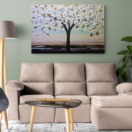 CuadroDecorativo_ContrasteColor_ArbolFloresBlancas_FondoTurquesaVerde_SueloCafeOscuro