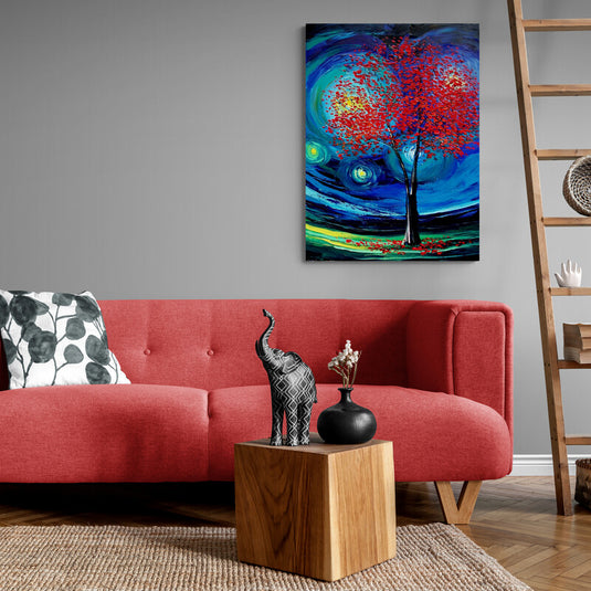 Cuadro decorativo: Árbol con hojas rojas en fondo de tonos azules y verdes.